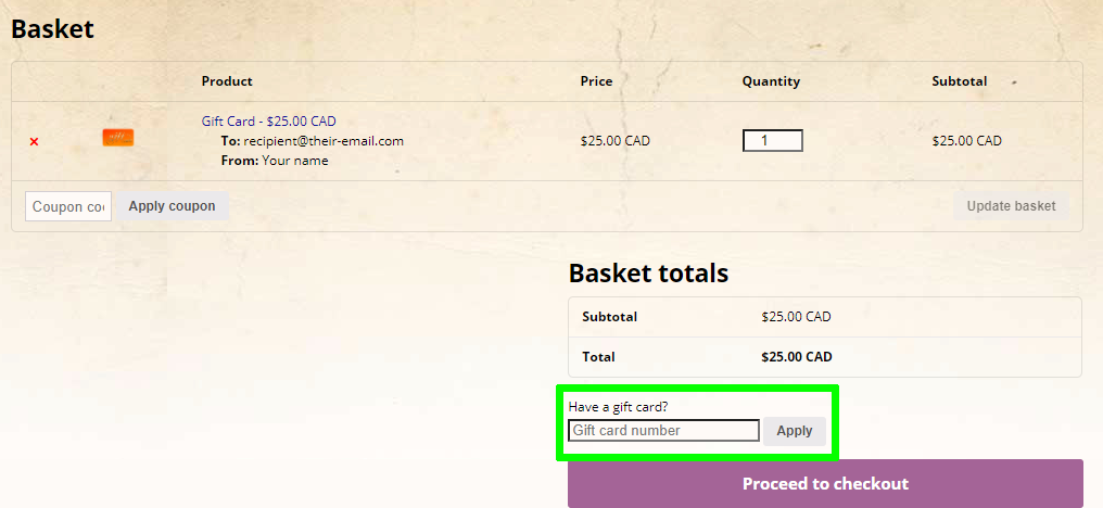 Redeem Gift Card on Basket Page