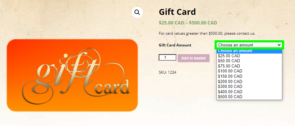 Gift Card Value Dropdown